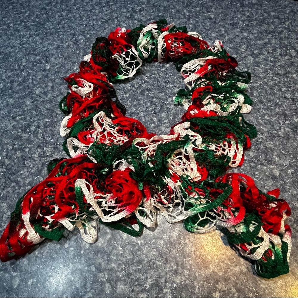 Handmade crocheted curly scarves -Christmas-red, white, green
